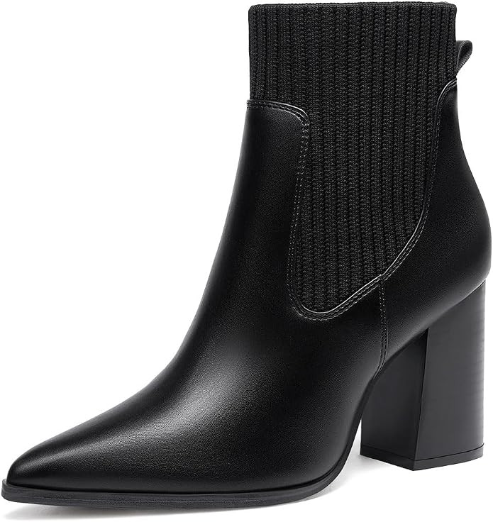 Coutgo Women Ankle Boots Sock Booties Pointed Toe Chunky Stacked High Heel Knit Chelsea Winter Dr... | Amazon (US)