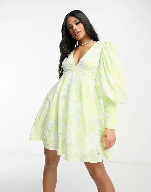 ASOS LUXE broderie keyhole mini smock dress in lime green floral | ASOS (Global)