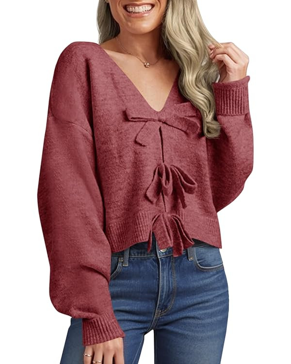 Saodimallsu Womens Bow Sweater Cropped V Neck Long Sleeve Fall Cozy Knit Loose Trendy Pullover Sw... | Amazon (US)