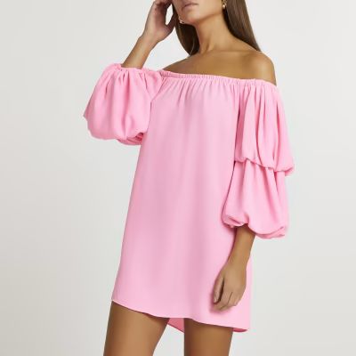 Pink double puff sleeve bardot mini dress | River Island (UK & IE)