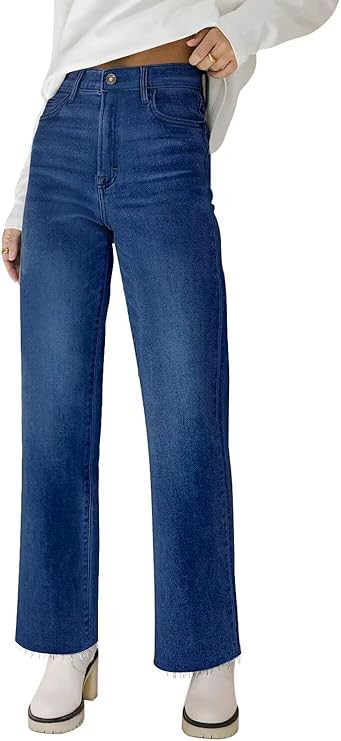 KDF Straight Leg Jeans for Women High Waisted Jeans Frayed Baggy Pants Raw Hem Loose Stretchy Cro... | Amazon (US)