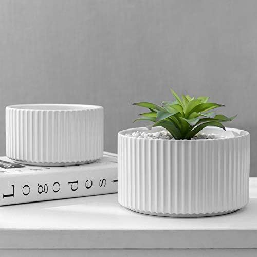 MyGift Glazed White Ceramic 7 and 6 Inch Plant Pot with Vertical Ribbed Design, Small Succulent C... | Amazon (US)