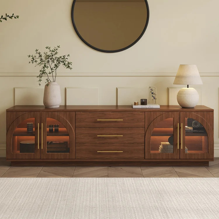 Arune 72" Arched Glass Doors TV Stand with Storage and LED｜Homary | Homary