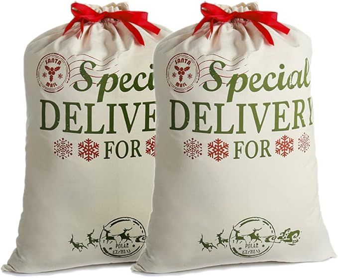 2 Pack Santa Sacks Extra Large Personalized Christmas Canvas Bags with Red Drawstring for Xmas St... | Amazon (US)