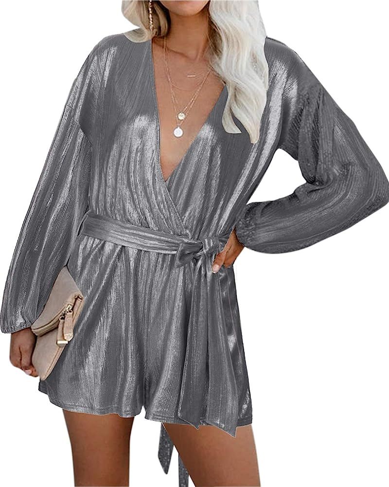 Sequin Rompers for Women Long Sleeve Jumpsuits V Neck Playsuits Bandage Sparkle Metallic Party Ro... | Amazon (US)