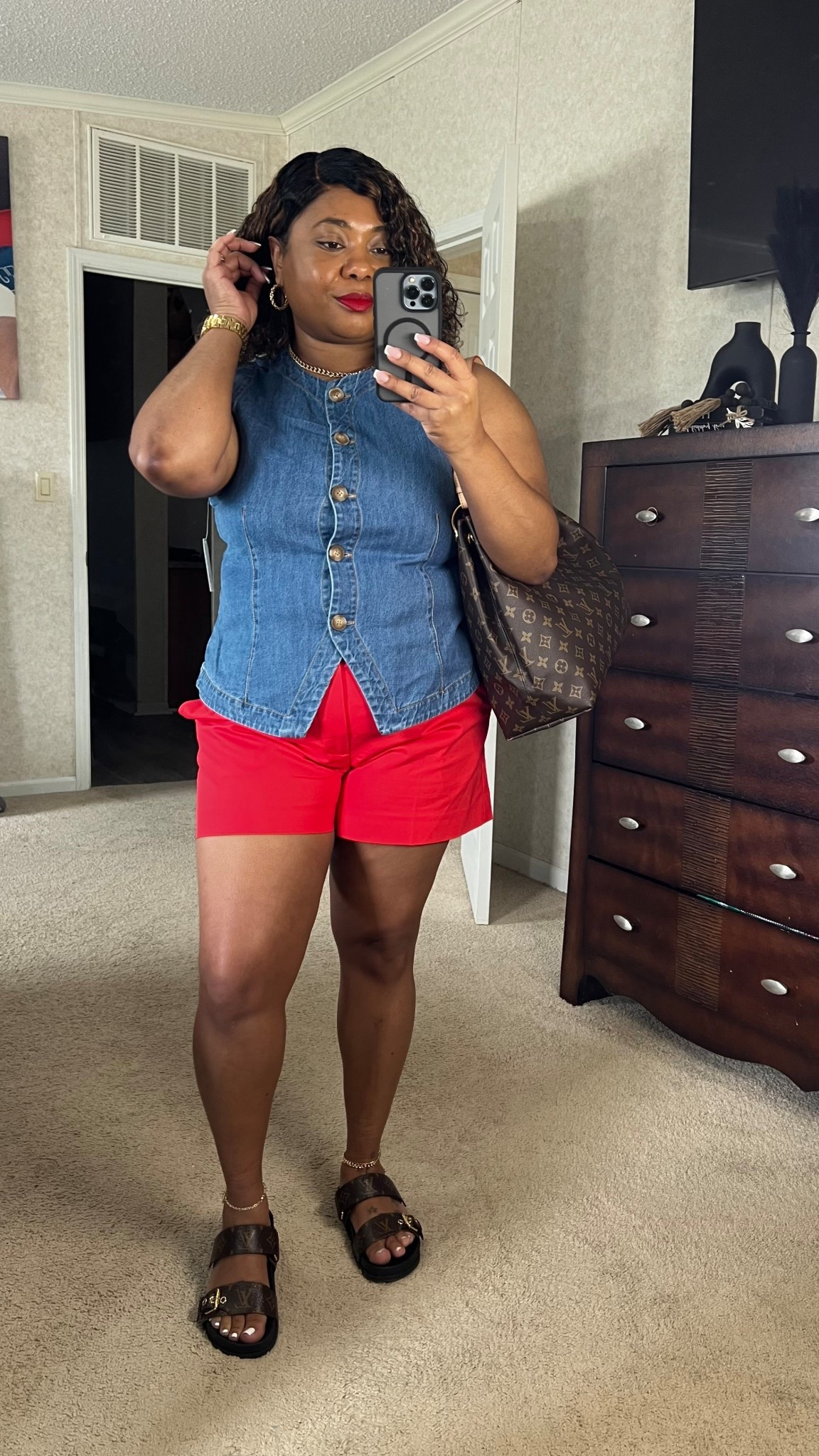 Walmart denim vest Ralph Lauren’s red shorts, and LV purse and slides size xl top, size 14 bottoms 

#LTKStyleTip #LTKFindsUnder50 #LTKMidsize