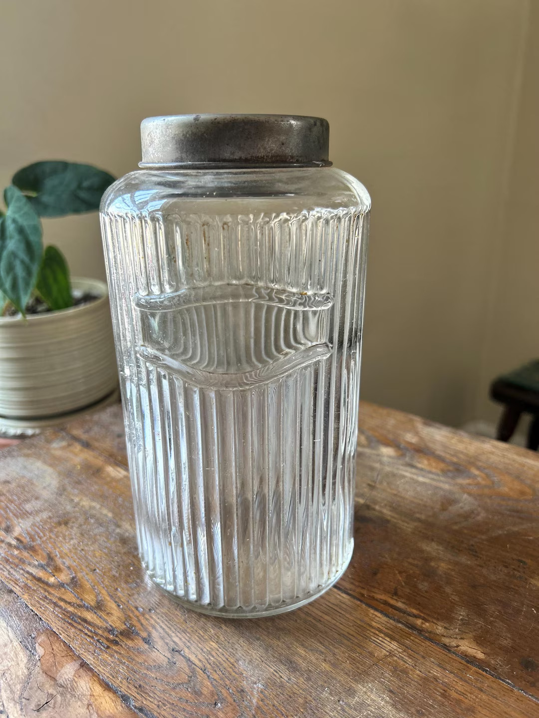 Vintage Ribbed Glass Hoosier Canister With Lid | - Etsy | Etsy (US)