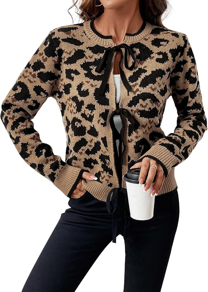 Women Leopard Print Bow Tie Cardigan Sweaters Long Sleeve Crewneck Open Front Knit Chunky Coats C... | Amazon (US)