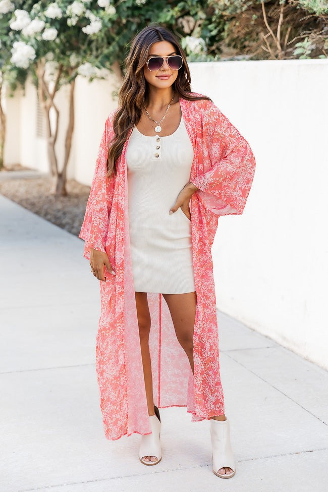 Wild Romance Coral Floral Chiffon Duster Kimono | Pink Lily