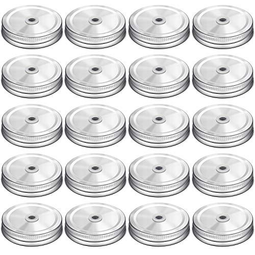 Honoson 20 Pcs Regular Mouth Mason Jar Straw Lids 2.7 Inch Metal Stainless Steel Mason Jar Drinking Lids with Straw Hole Leak Proof for Baby Shower DIY Gift(Silver) | Amazon (US)