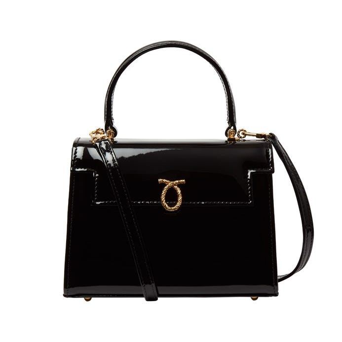 Launer Judi Patent Handbag, Black | Fortnum & Mason