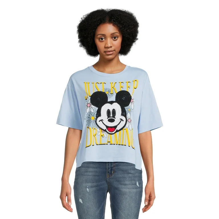 Mickey Mouse Juniors Crochet Graphic Tee with Short Sleeves, Sizes XS-3XL | Walmart (US)