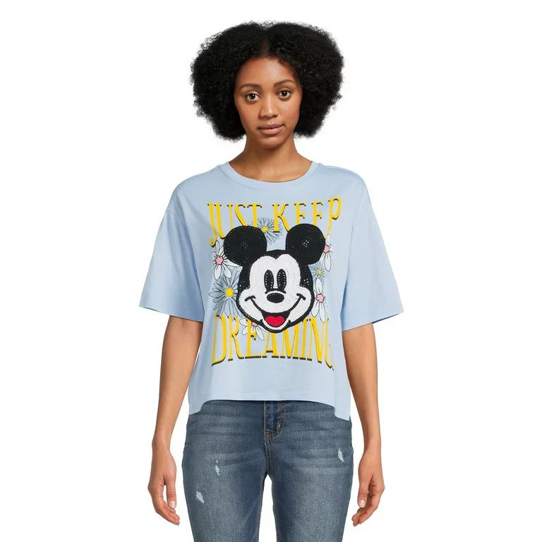 Mickey Mouse Juniors Crochet Graphic Tee with Short Sleeves, Sizes XS-3XL | Walmart (US)