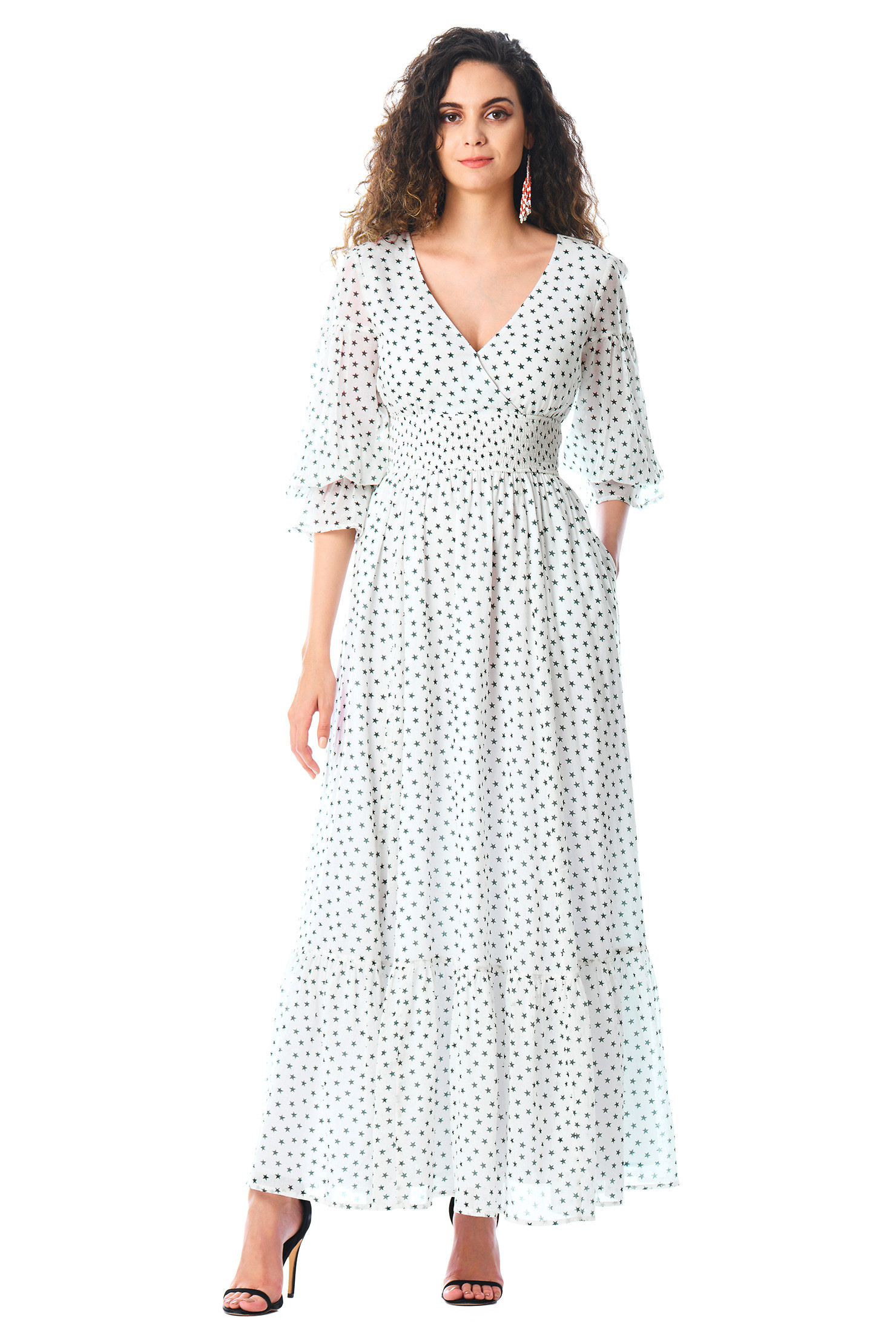 eShakti Women's Star print voile smocked waist maxi dress | eShakti