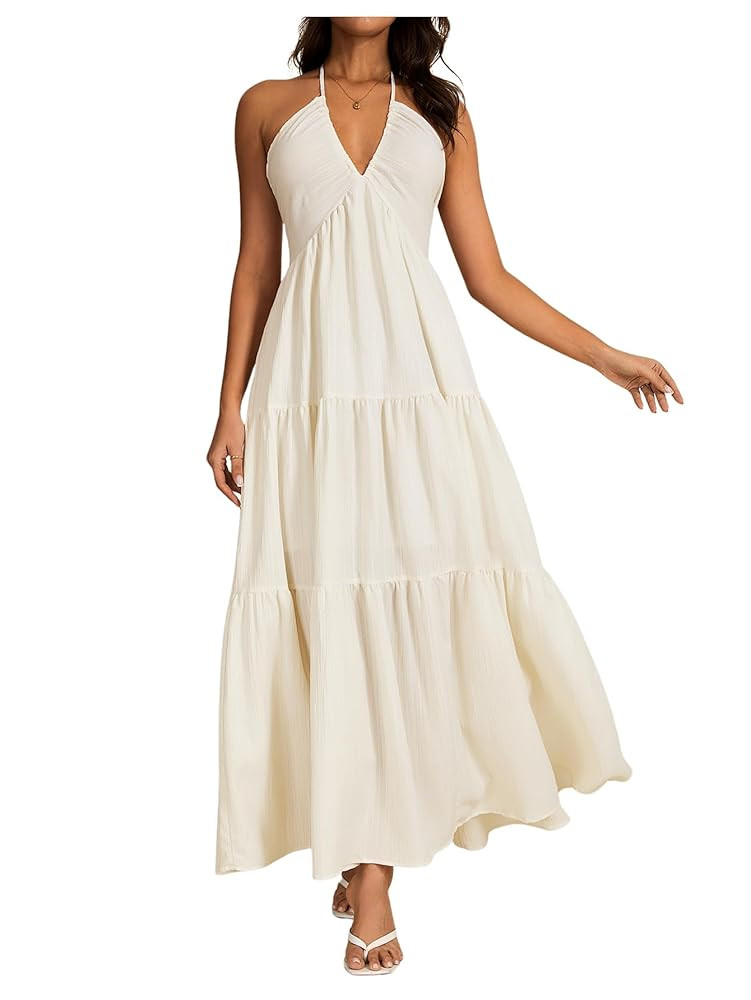 OYOANGLE Women's V Neck Tie Backless Halter Dress Ruched Flowy Wedding Vacation Maxi Dresses | Amazon (US)