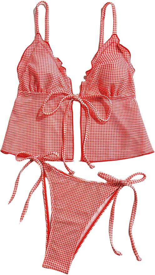 GORGLITTER Women's Gingham Tankini Set Bow String High Cut Thong Cute Cheeky Beach Swimsuit Bathi... | Amazon (US)