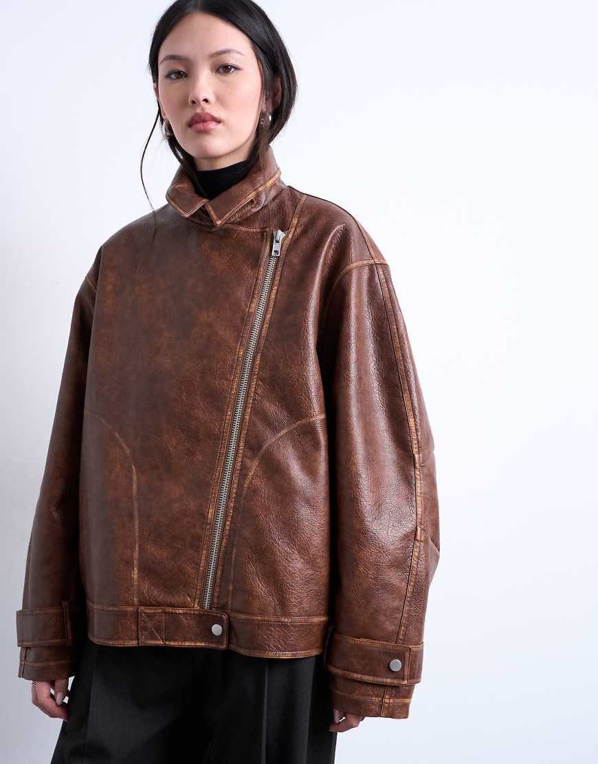 Topshop faux leather funnel neck biker jacket in washed brown | ASOS (Global)