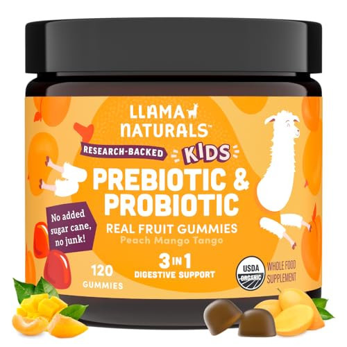 Llama Naturals Kids Probiotic with Prebiotic Fiber, Vegan, Organic Prebiotics and Probiotics Gummies for Gut Health Support, Toddler Real Fruit Gummy Vitamins, No Added Sugar Cane, Peach Mango, 120 Ct | Amazon (US)