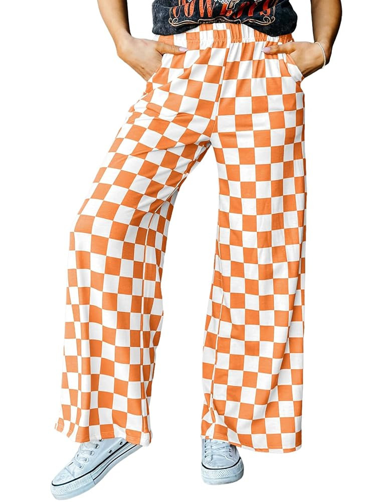 Acelitt Womens Casual Checkered Pants Elastic Waist Comfy Loose Wide Leg Pants with Pockets | Amazon (US)