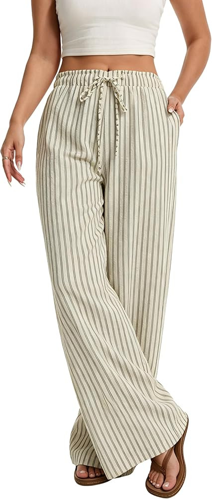 Seersucker Pants for Women Stripes Wide Leg Linen Pant with Pockets Pajamas Lounge Bottom Trouser... | Amazon (US)