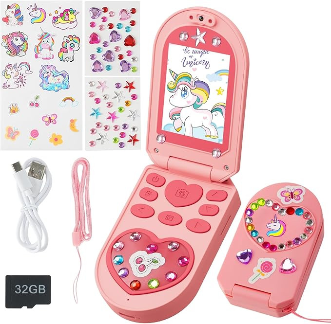 Kids Camera, 3-7 Years Old Girls Gifts, 2.0-inch Flip Phone Digital Camera with 32GB SD Card, DIY... | Amazon (US)