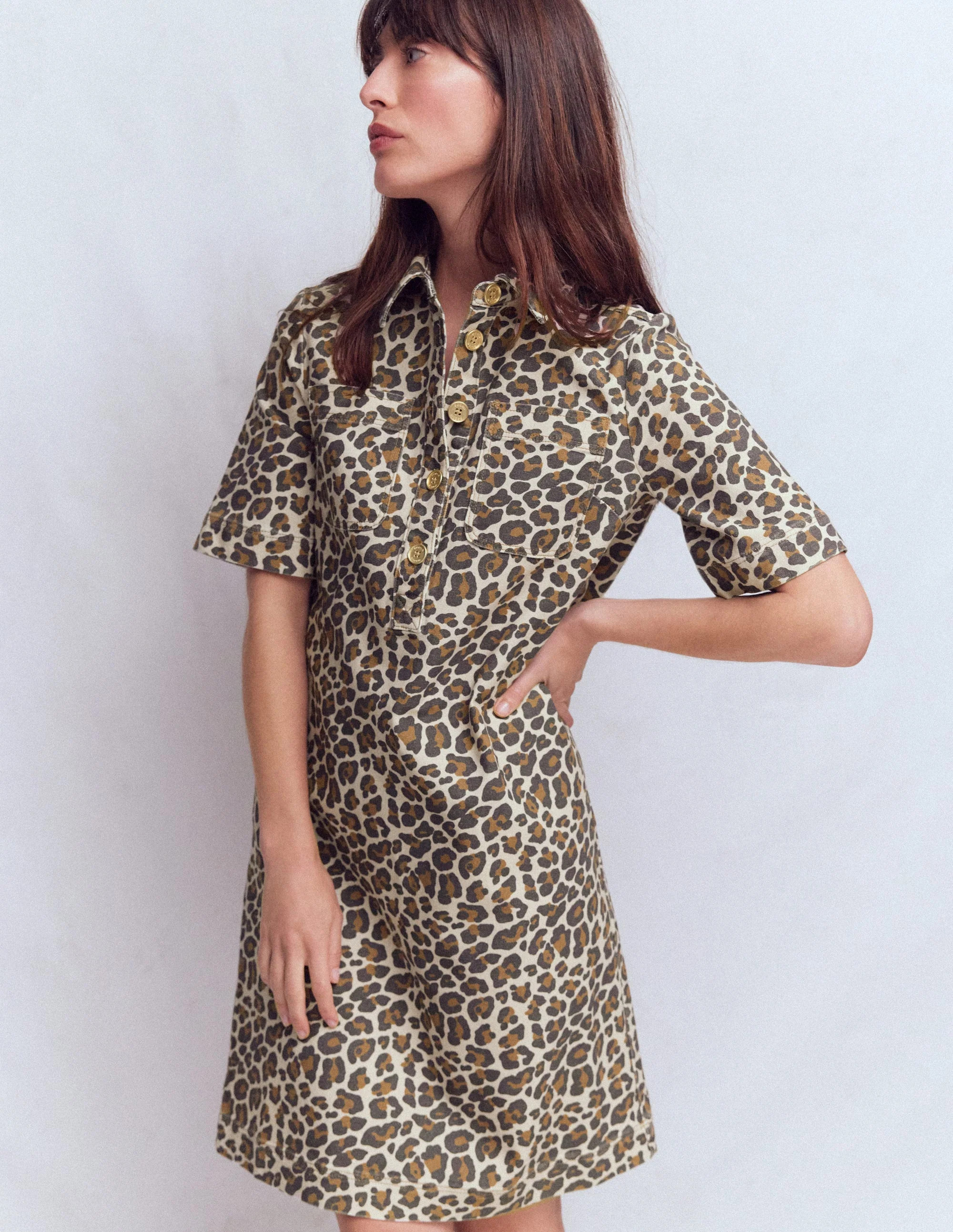 Zia Denim Pocket Shift Dress-Almond Milk, Cheetah Pop | Boden (US)