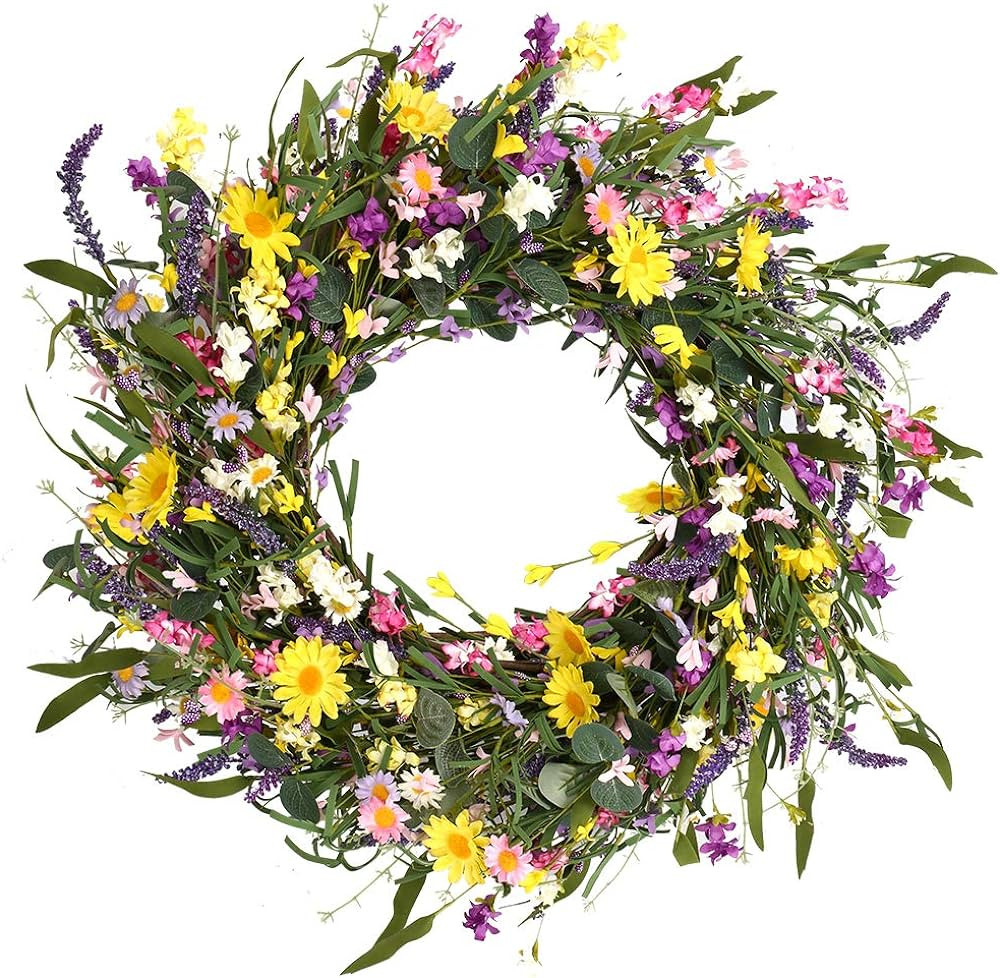 J'FLORU Spring Wreath 24 Inch Summer Wreaths for Front Door Artificial Flower Wreath with Daisy a... | Amazon (US)
