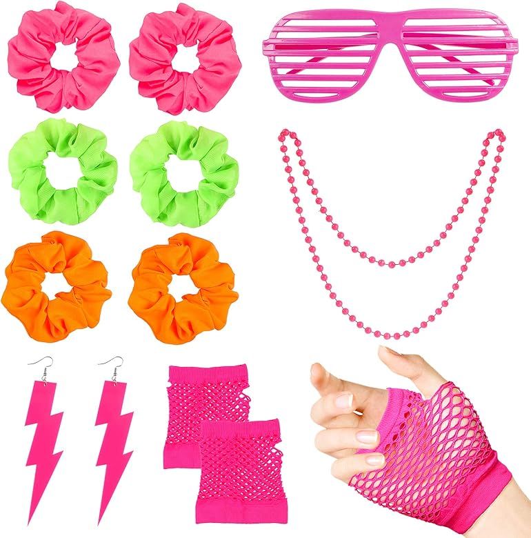 WATINC 12Pcs 80's Retro Neon Costume Outfit Accessories for Women 80s Hair Scrunchies for Hair Pi... | Amazon (US)