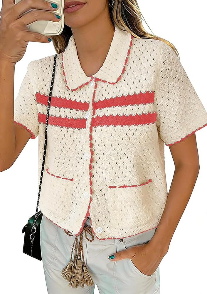 Yousify Womens Casual Summer Short Sleeve Sweaters Button Down Crochet Knit Tops 2026 Loose Cute ... | Amazon (US)