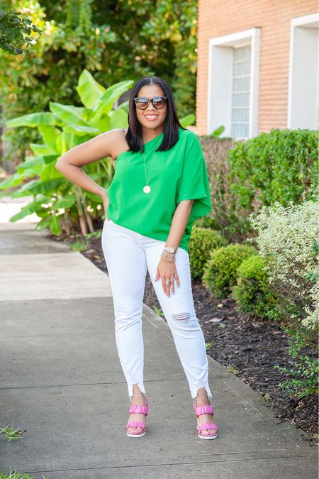 This look off the shoulder top, white jeans, and gold jewelry is the perfect look for spring!🍀

Spring fashion. Spring outfit. Spring outfit inspo. Casual outfit. White jeans. Gold necklace. Green top. 

#LTKstyletip #LTKshoecrush #LTKSeasonal