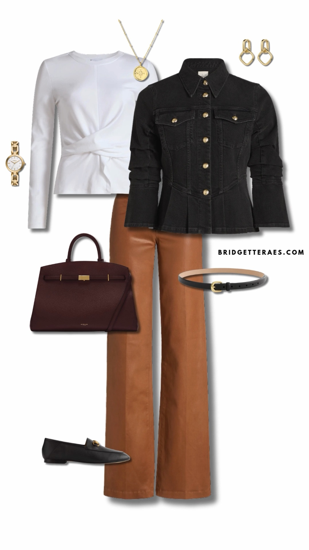 A modern take on smart casual, this outfit balances structure and polish with ease. The crisp white top with a subtle front twist adds dimension under a fitted black denim jacket, creating a tailored silhouette with edge. Warm camel trousers ground the look with a soft neutral contrast, while the black loafers maintain a low-profile sophistication perfect for all-day wear. A structured burgundy handbag introduces depth and richness to the palette, harmonizing with the gold accents in the jewelry and watch. The overall look is confident and polished, ideal for days when professionalism and personal style need to walk hand in hand.

#LTKWorkwear #LTKootd #LTKFindsUnder100