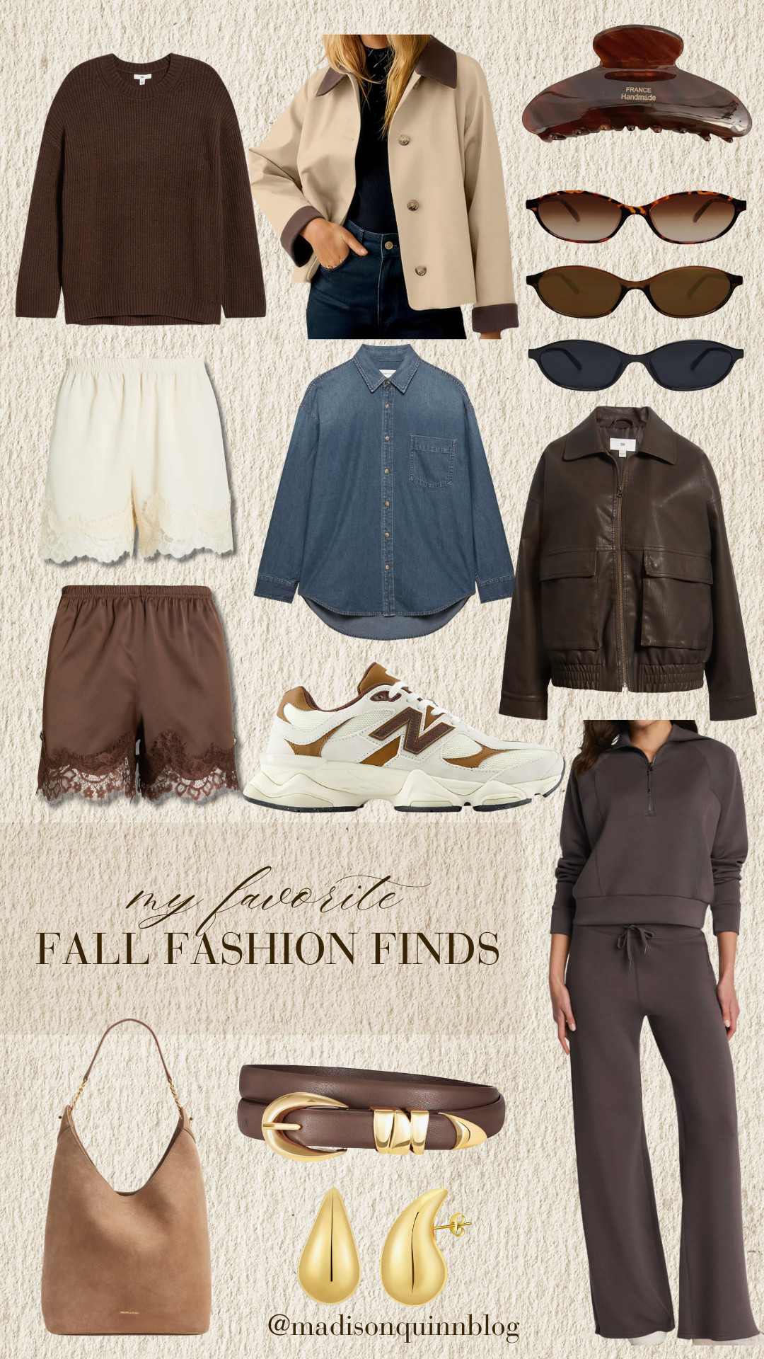 The fall fashion edit!

browns neutrals sweater jacket claw clips sunglasses suede lace shorts handbag sneakers belt gold accessories matching set fall fashion 

 #LTKdayinmylife #LTKgrwm #LTKSeasonal