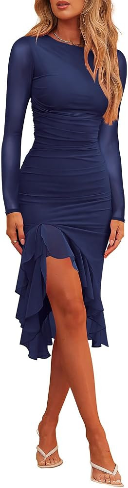 Hocuos Womens 2024 Round Neck Long Sleeve Ruffle Hem Midi Dress Mesh Ruched Bodycon Formal Cockta... | Amazon (US)