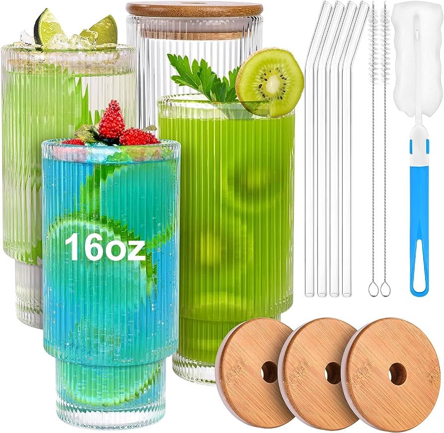 16OZ Ribbed Glass Cups with Lids and Straws, Drinking Glasses Set of 4, Ribbed Glassware with Bam... | Amazon (US)