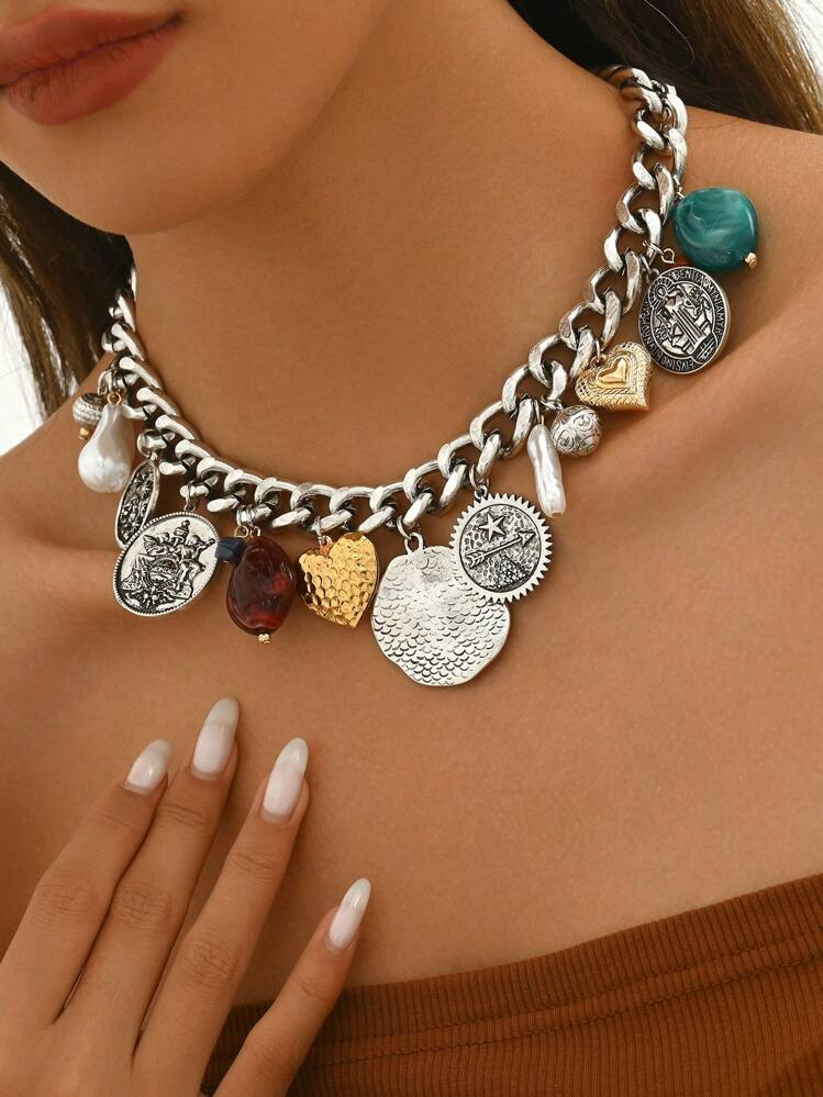 1pc Vintage Punk-Style Necklace, Silver/Gold Big Size Alloy Shell & Faux Pearl Big Heart & Vintage Coin Pendant, Versatile To Wear Alone Or Layer, Suitable For Party, Wedding, Holiday Events, Unique Fashion Statement Jewelry Gift Valentines | SHEIN