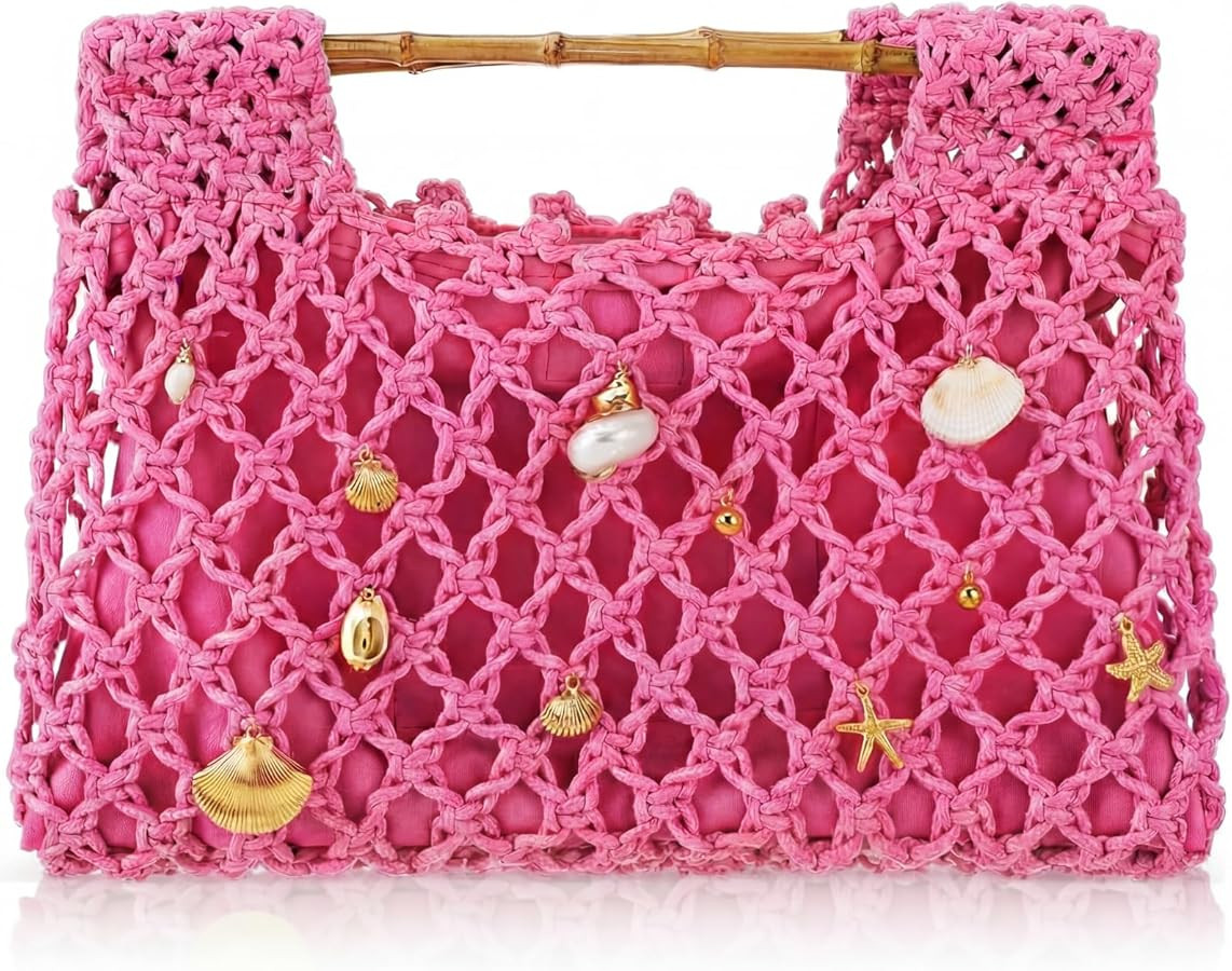 Women Crochet Woven Mesh Handbag Summer Seaside Beach Vacation Straw Tote Purse Wedding Party Gif... | Amazon (US)