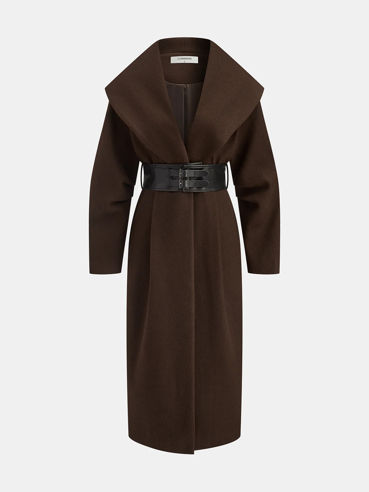 Oversized Collar Tweed Long Coat with Wide Belt | Commense