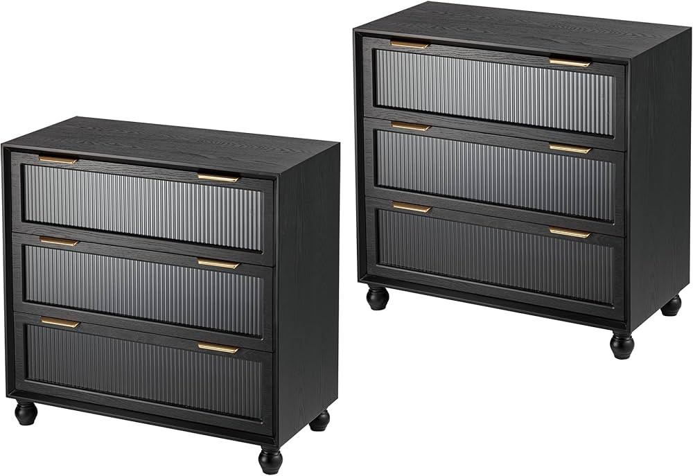 COZAYH Mid Century Modern Nightstand with 3 Drawer-2P, Reeded Glass Front, Natural Wood Grain End... | Amazon (US)