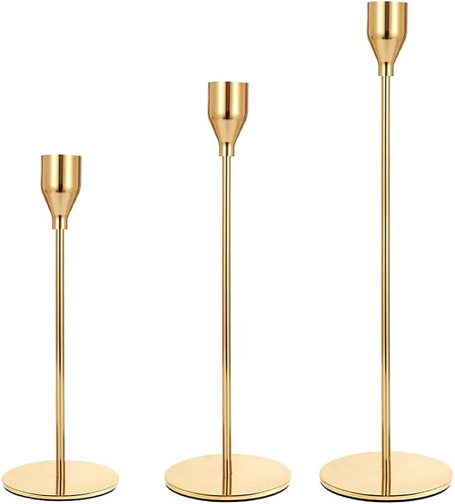 Gold Taper Candle Holders Set of 3 Candlestick Holders, Metal Candle Stick Holder Decor for Weddi... | Amazon (US)