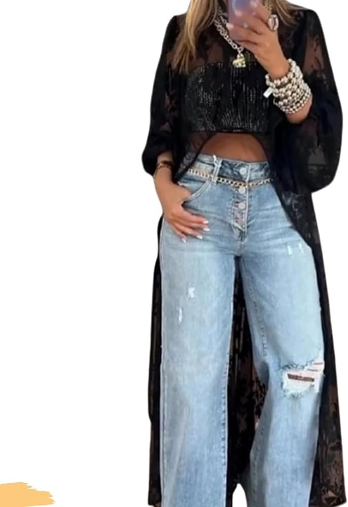 Women's Round Neck Lace Short Front and Long Back Casual Top, Long Sleeve Round Neck High Low Irr... | Amazon (US)