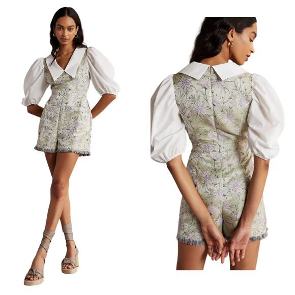 Anthropologie Floral Puff Sleeve Romper - Green and White | Poshmark