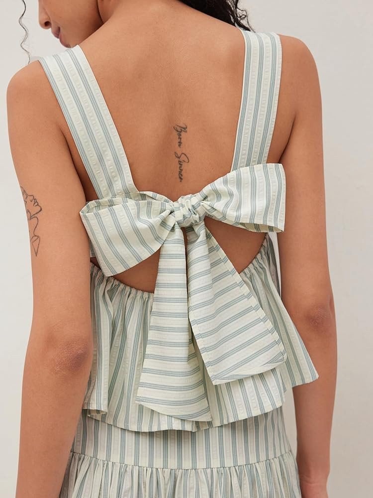CIDER Shirts for Women Striped Bow Ruffle Cami Top Square Neck Sleeveless Cotton Blend Tie Back C... | Amazon (US)
