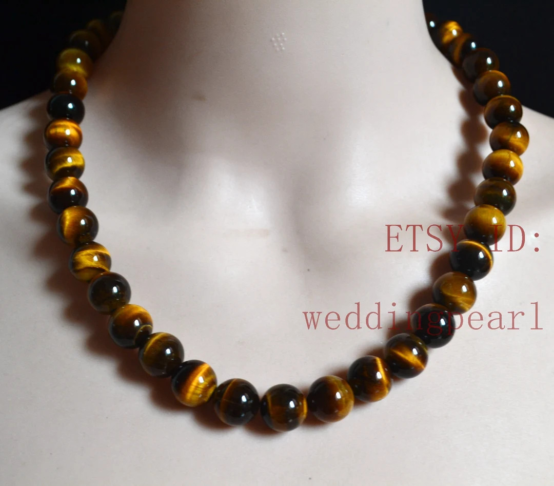 Natural Round Tiger's-eye Stone Necklace, Real Stone Necklace, 12mm Smooth Tiger's Eye Beaded, St... | Etsy (US)