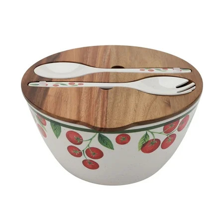 Better Homes and Gardens Bamboo Melamine Tomato Salad Bowl with Acacia Wood Lid and Utensil Set | Walmart (US)