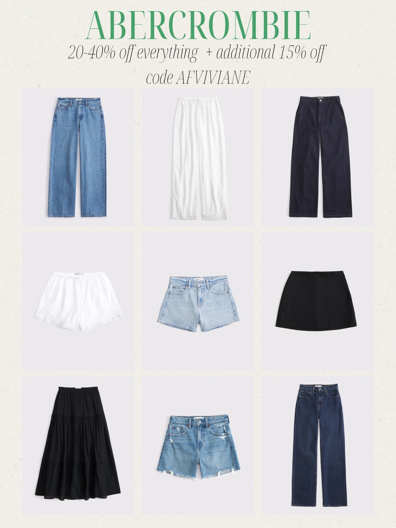 [3/25/26] code AFVIVIANE for additional
15% off current promos | @abercrombie pants, skirts, and shorts that I love on sale for 20-40% off 

[Offer valid in stores and online 3/25/2026-3/30/2026 in US/CA. Excludes clearance and gift cards. Online price reflects discount. Use code AFVIVIANE to get an additional 15% off everything in stores and online at checkout from 3/25/26-3/30/26 in US/CA. Excludes clearance and gift cards. See details online.]

#LTKSeasonal #LTKootd #LTKSaleAlert