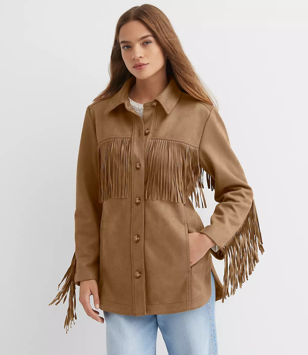 Petite Fringe Faux Suede Shirt Jacket | LOFT