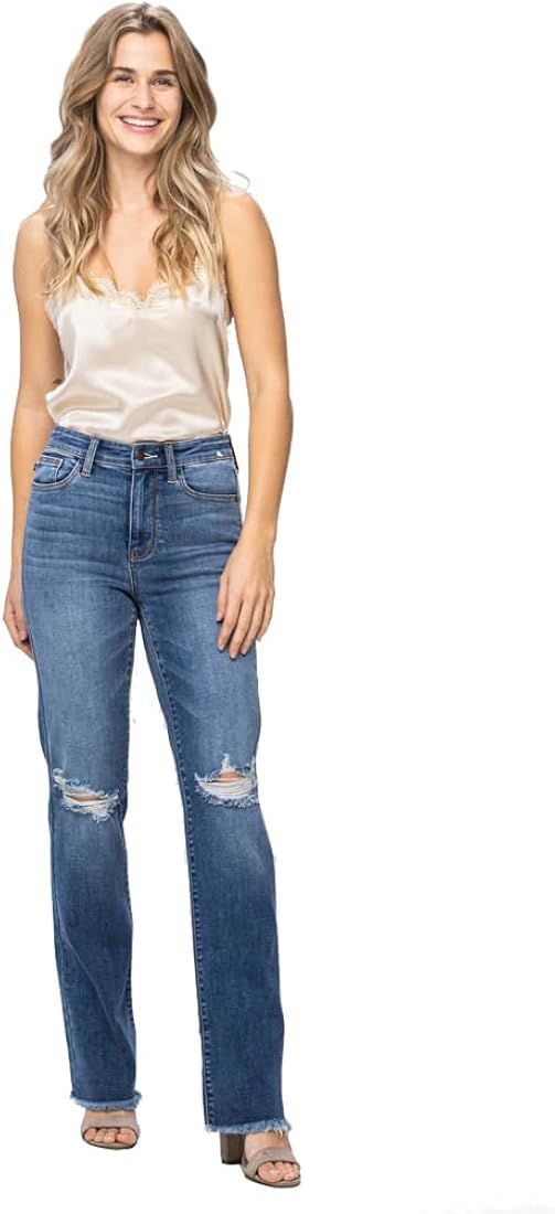 Judy Blue High Waist Knee Destroy & Fray Hem Straight Jeans, JB-82513 | Amazon (US)