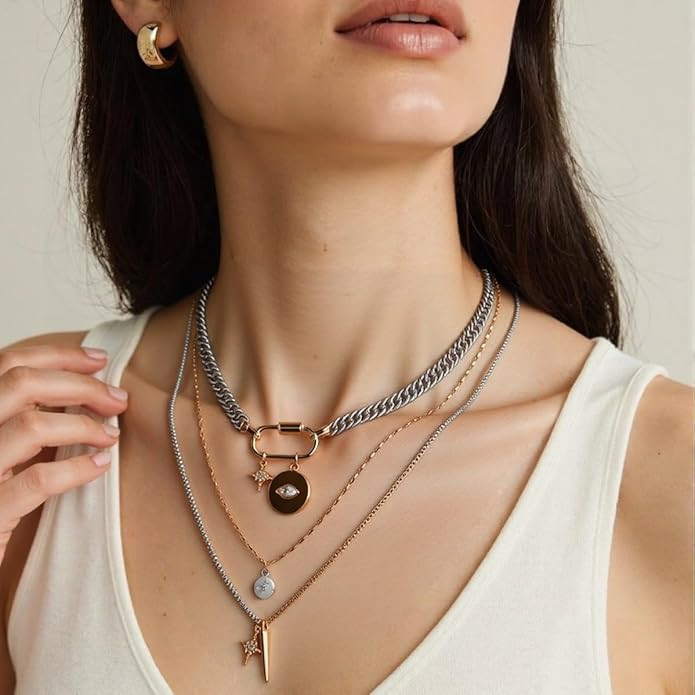 Gold Statement Necklace,Muliti Layered Necklaces for Women,Chunky Two Tone Mixed Metal Necklace S... | Amazon (US)