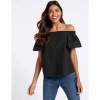 M&S Collection Pure Cotton Poplin Half Sleeve Bardot Top | Marks & Spencer (UK)