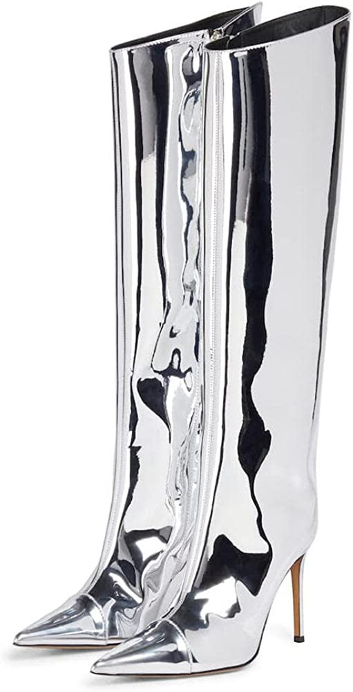 MissHeel Metallic Sexy Stiletto Wide Calf Knee High Boots with Side Zipper | Amazon (US)
